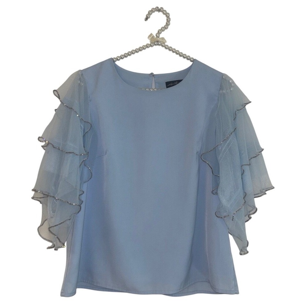 On Twelfth Light Blue Tiered Ruffle Tulle Sleeve Blouse Silver Trim Small